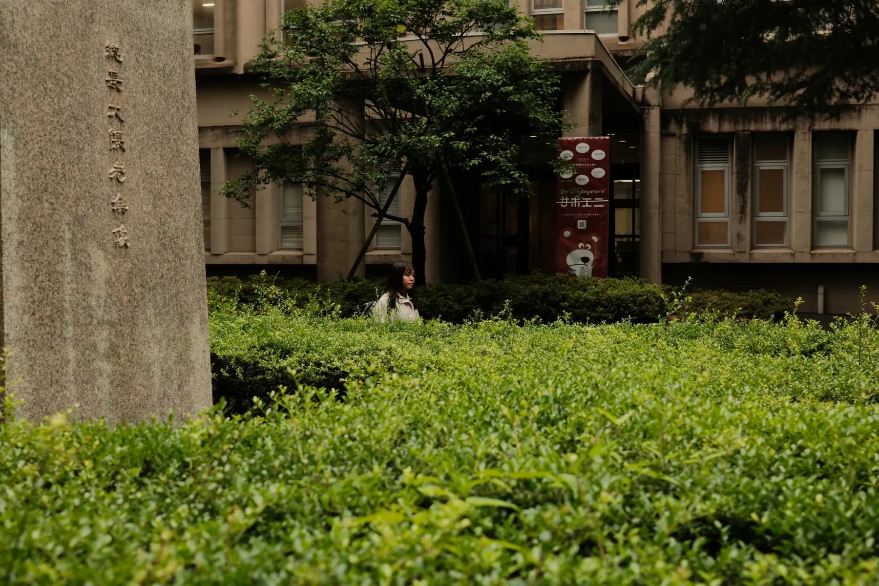 A woman walks through a lush green hedge in front of a building with a sign featuring a bear and Japanese text